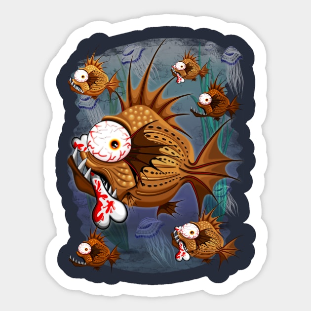 Psycho Fish Piranha with Bone Sticker by BluedarkArt